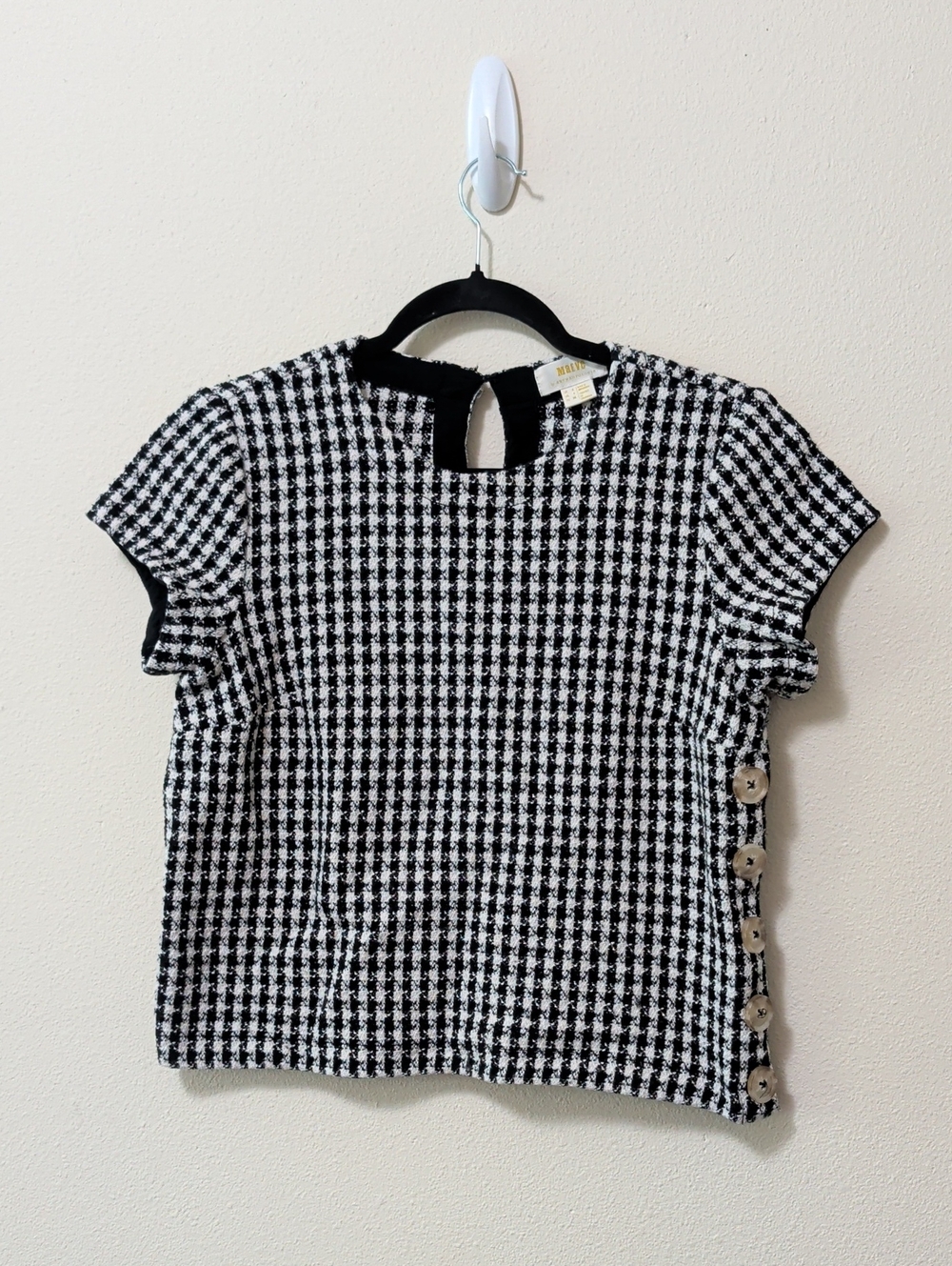 Anthropologie Black and White Houndstooth Short Sleeve Top
